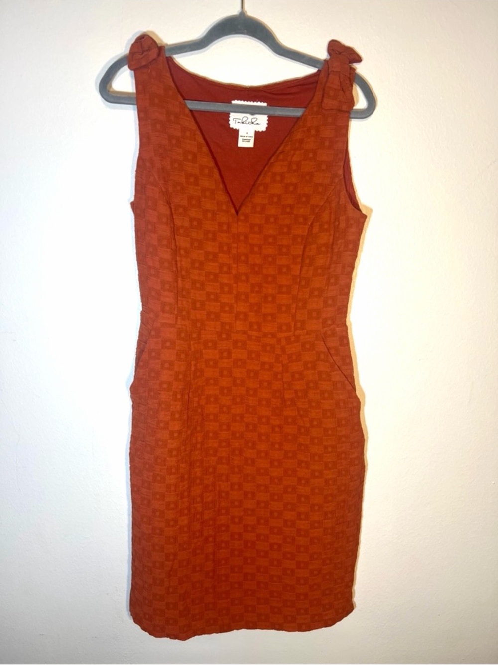 Tabitha Rust Orange Woven Textured Midi Deep V Sheath Dress with Shoulder Bows M